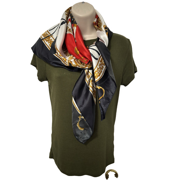 Vintage Square Scarf Equestrian Red Gold Medallions BOHO Renaissance Royalcore - Picture 4 of 5